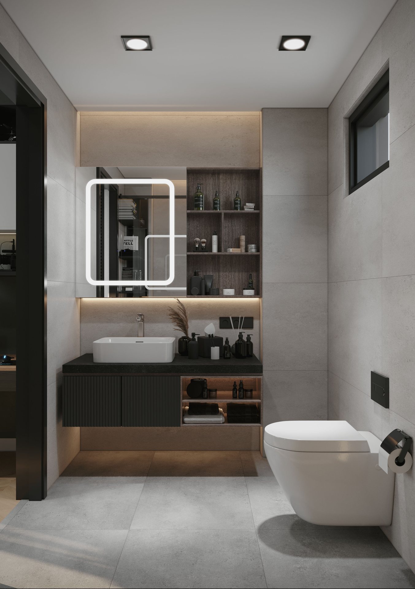 Küre Villa Özel Banyo Tasarımı - Koyu Doku & Özel Armatür Detaylı Banyo Render
